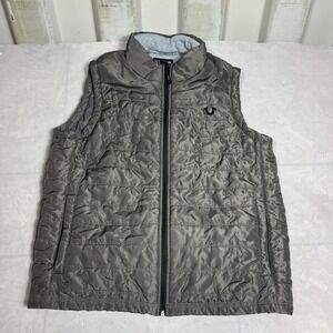 True Religion Mens Puffer Vest Jacket Gray Full-Zip Embroidered Logo Mock Neck L